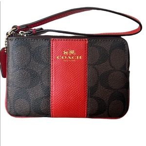 Coach corner zip wristlet signature canvas brown and red orange